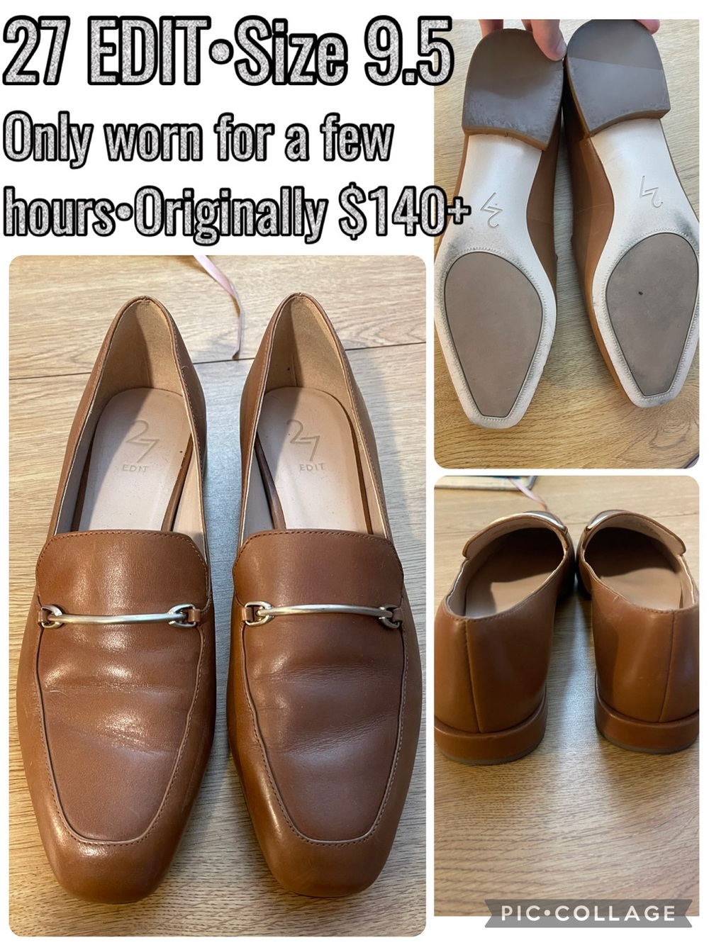 27 EDIT Tan Brown Leather Loafers with Gold Accent